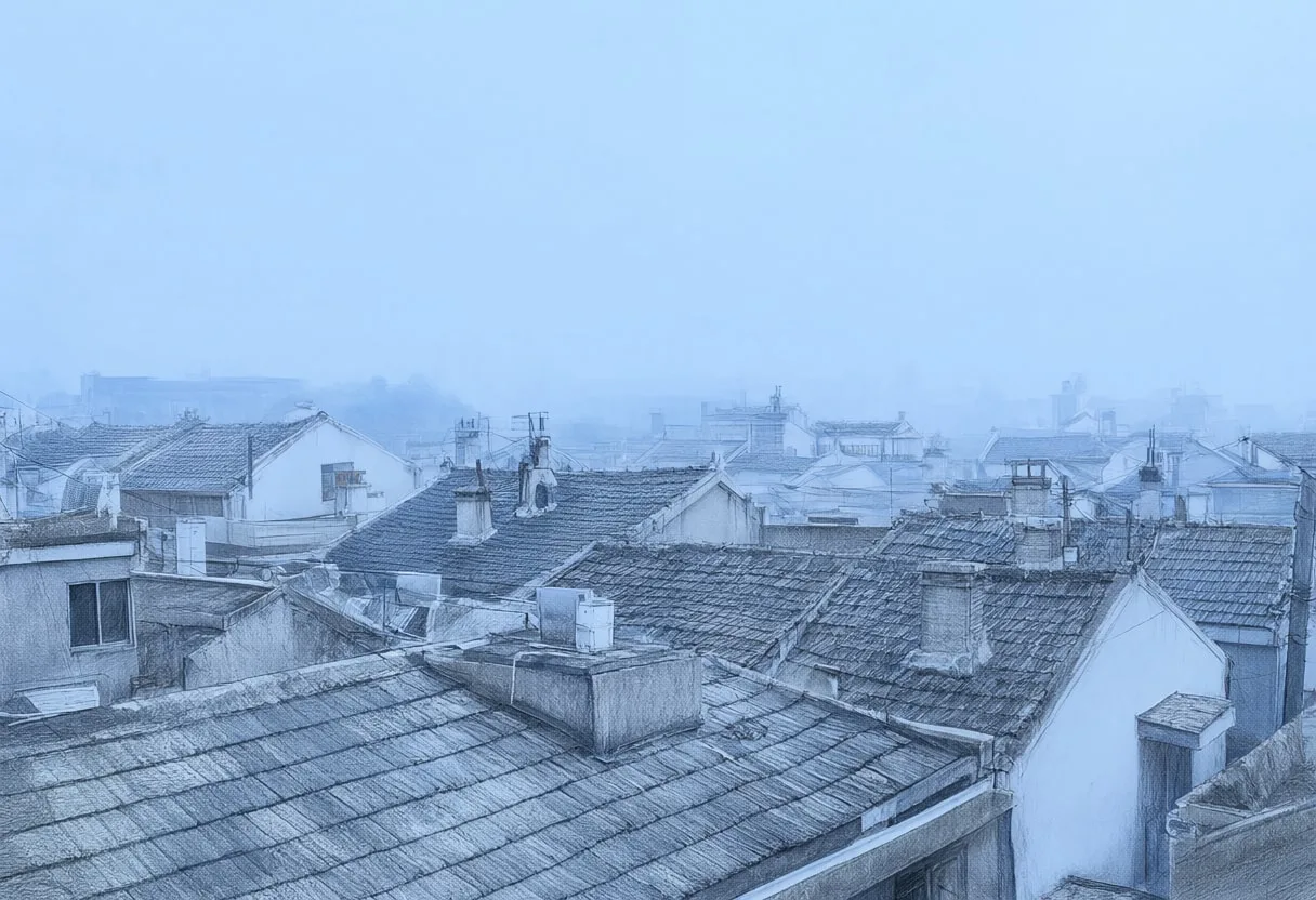 Rooftops in mist at blue hour, wide angle