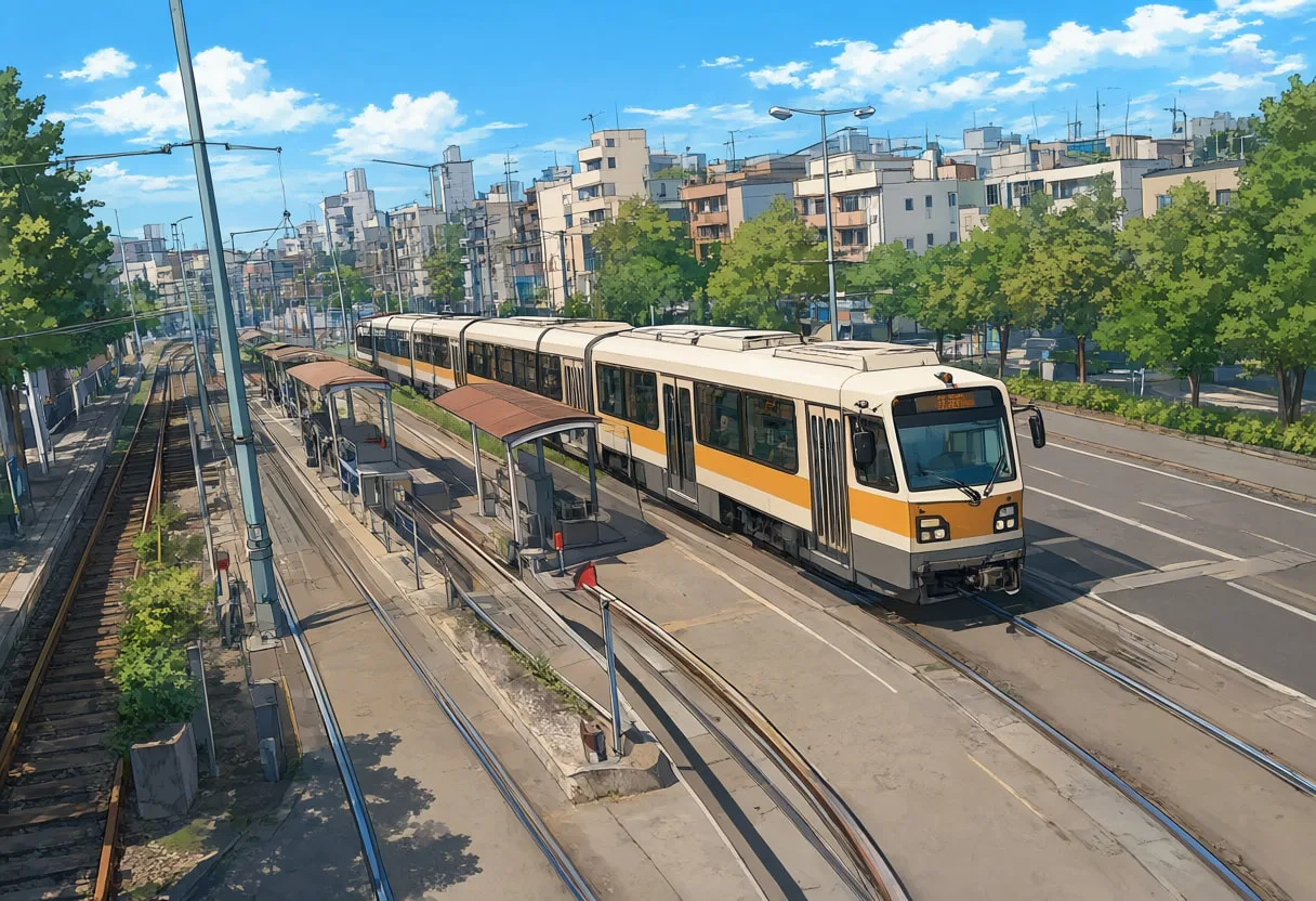 Tram line from a high vantage point, wide angle