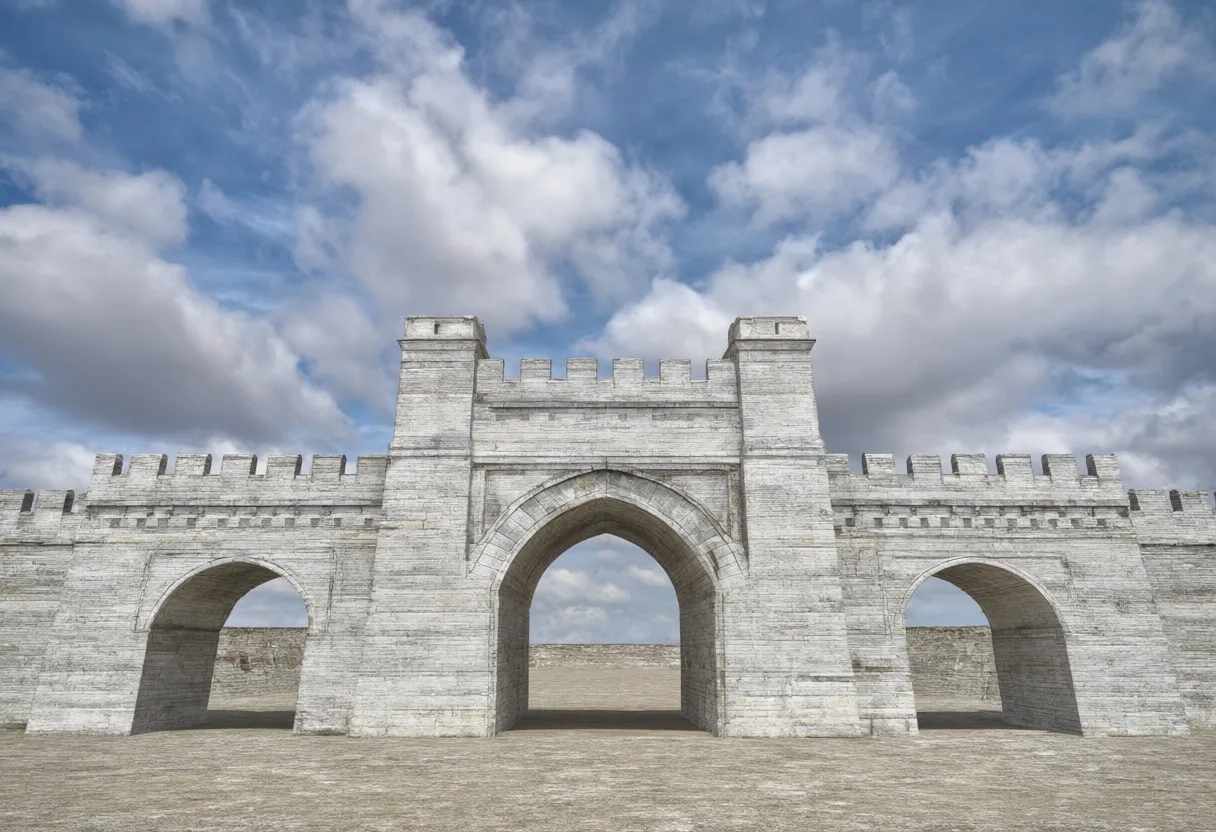 Old town gate with dramatic clouds, wide angle