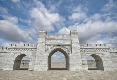 Old town gate with dramatic clouds, wide angle