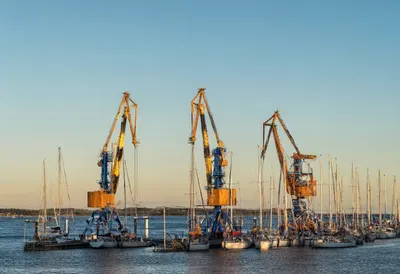 Harbour cranes at golden hour, wide angle