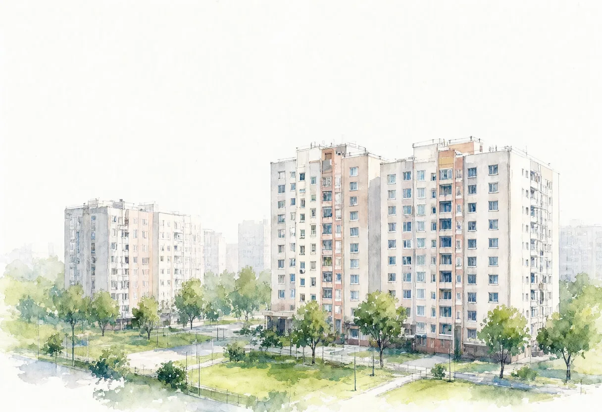 Tower blocks in soft mist, wide angle
