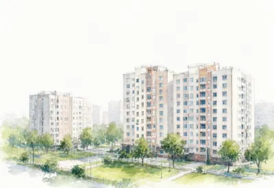 Tower blocks in soft mist, wide angle
