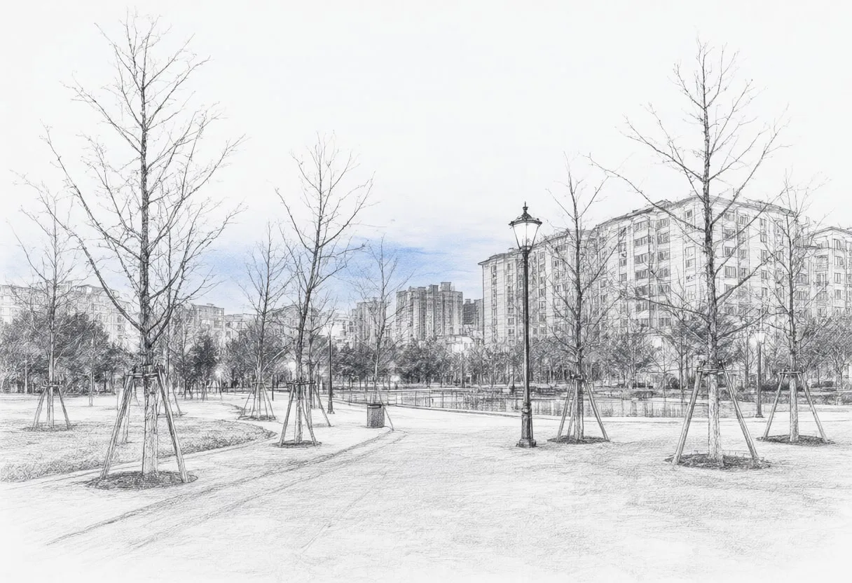 City park at blue hour, wide angle