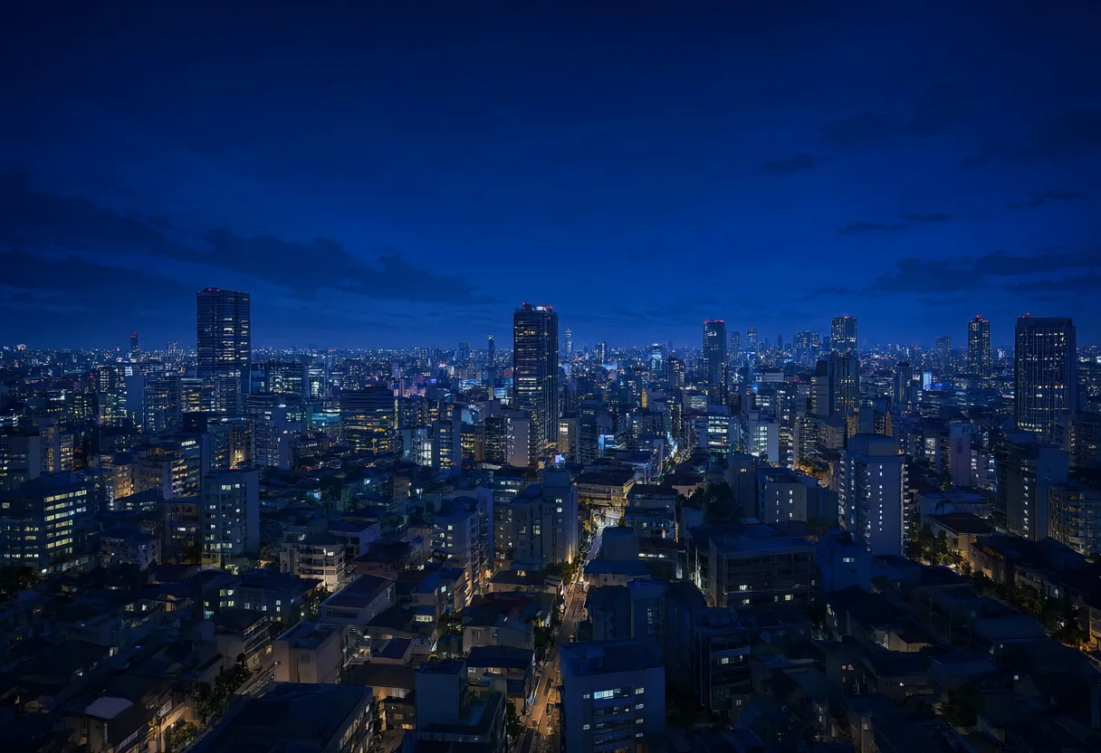 Night skyline from a high vantage point, wide angle