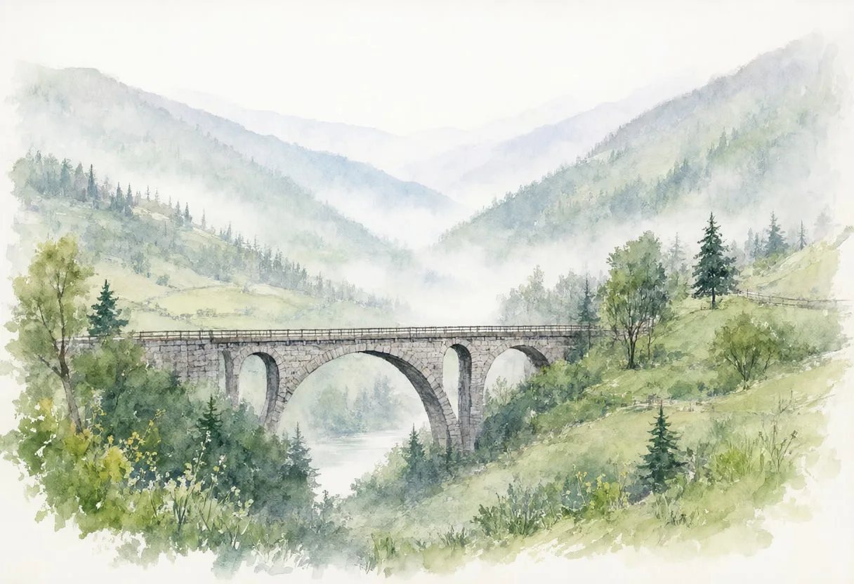 Valley bridge in soft mist, wide angle
