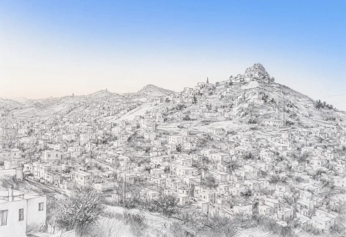Hillside town at blue hour, wide angle