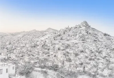 Hillside town at blue hour, wide angle