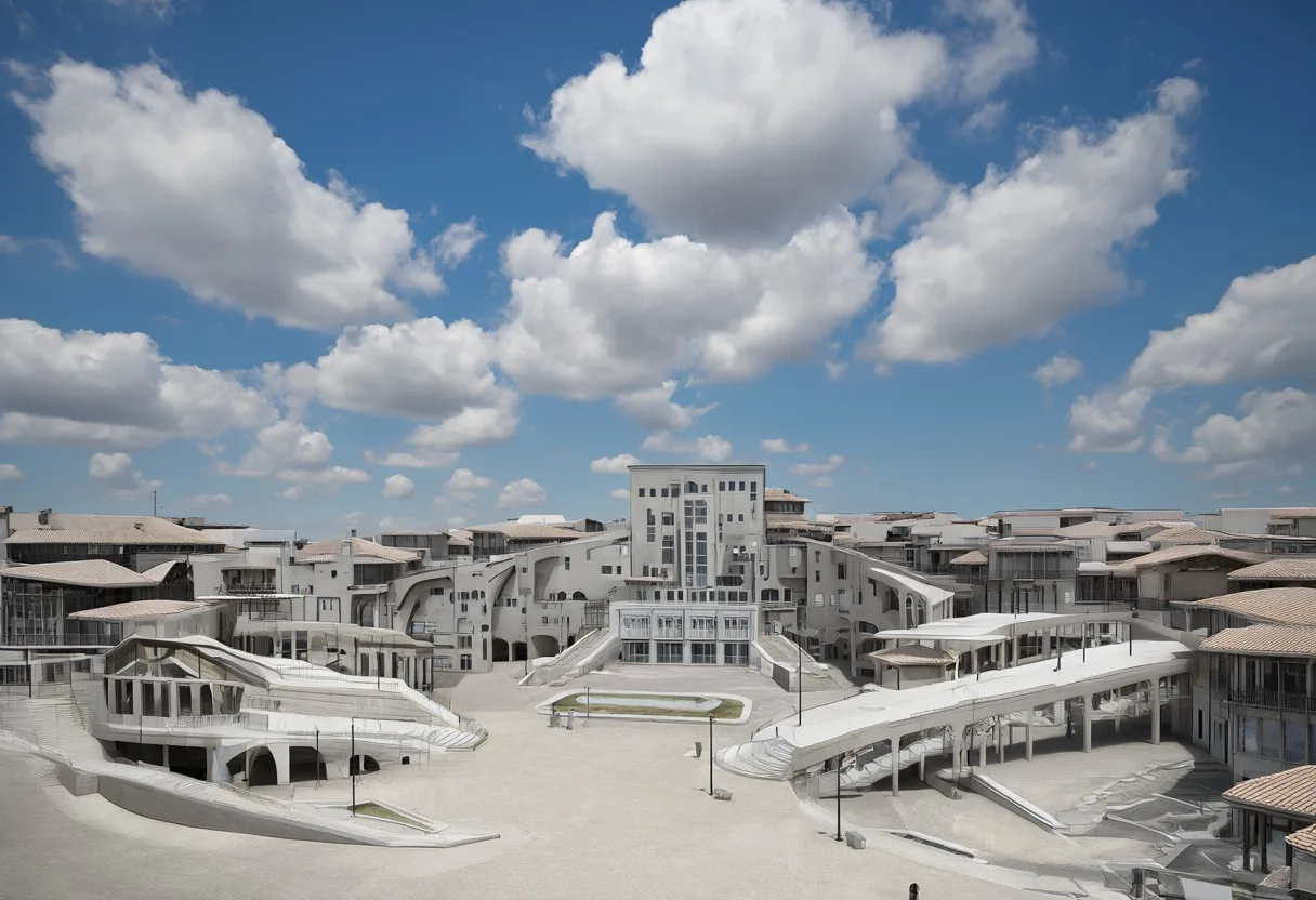 Market square with dramatic clouds, wide angle