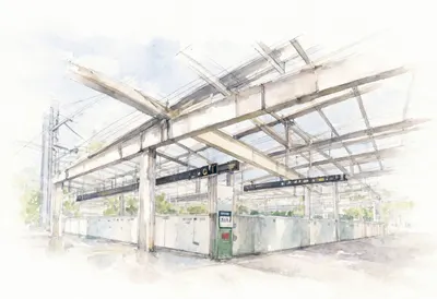 Station roof in soft mist, wide angle