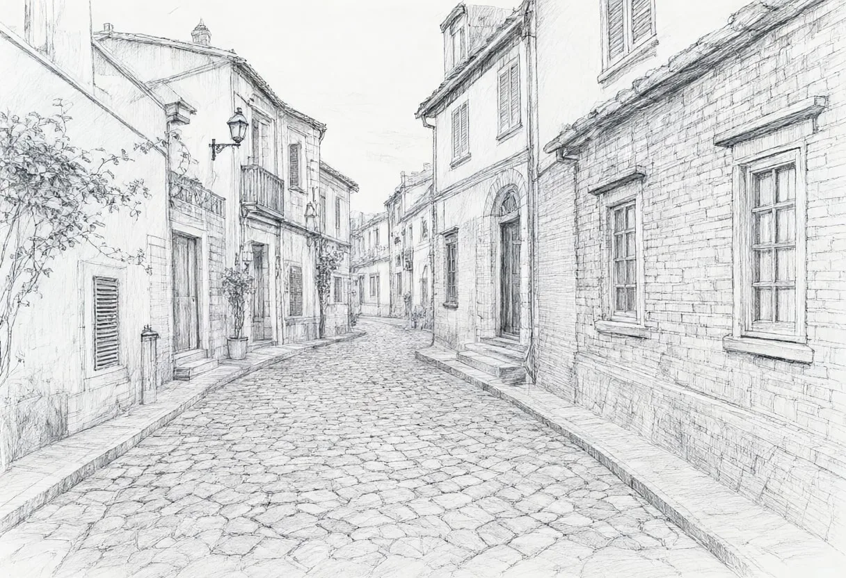 Cobbled lane at blue hour, wide angle