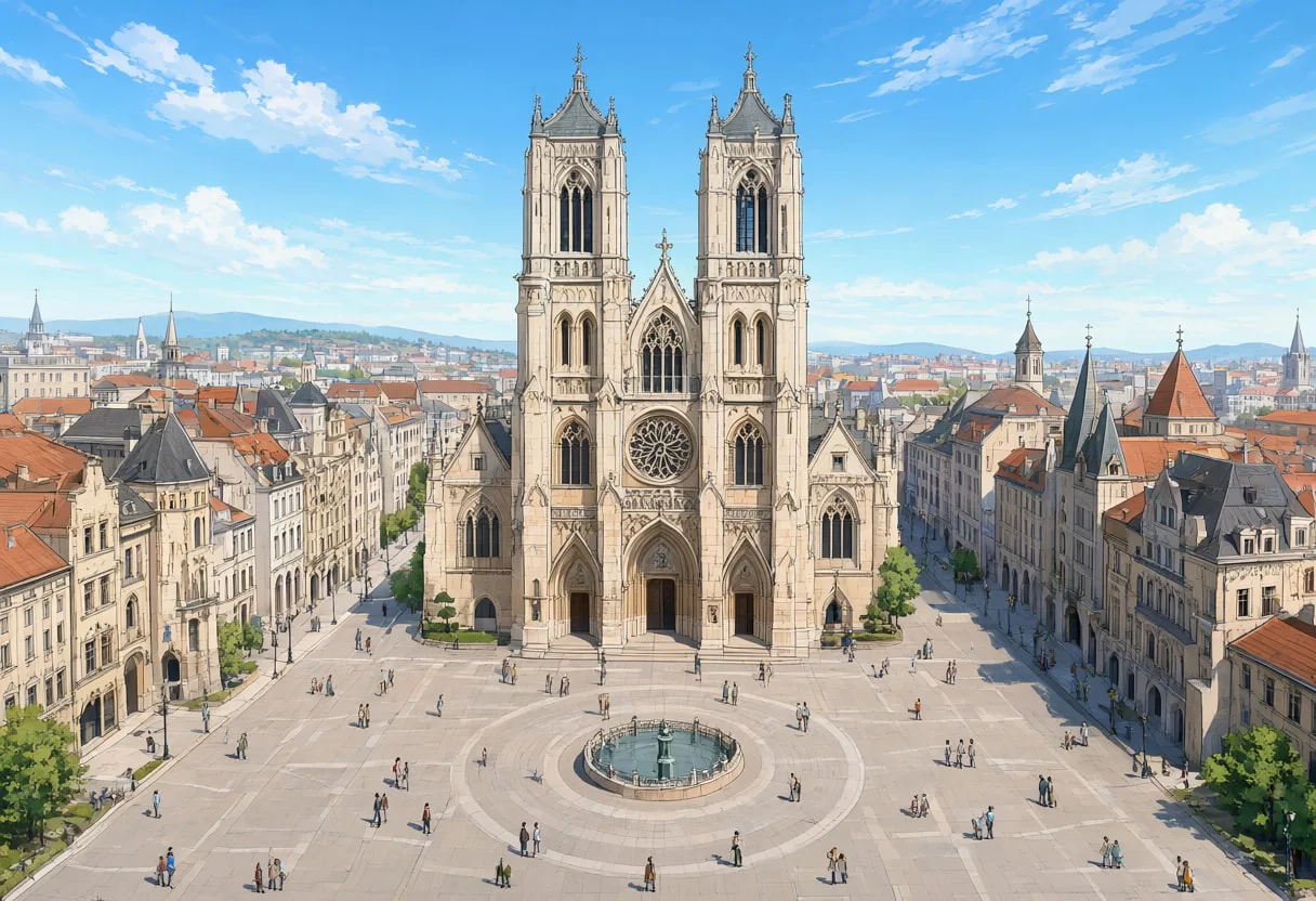Cathedral square from a high vantage point, wide angle