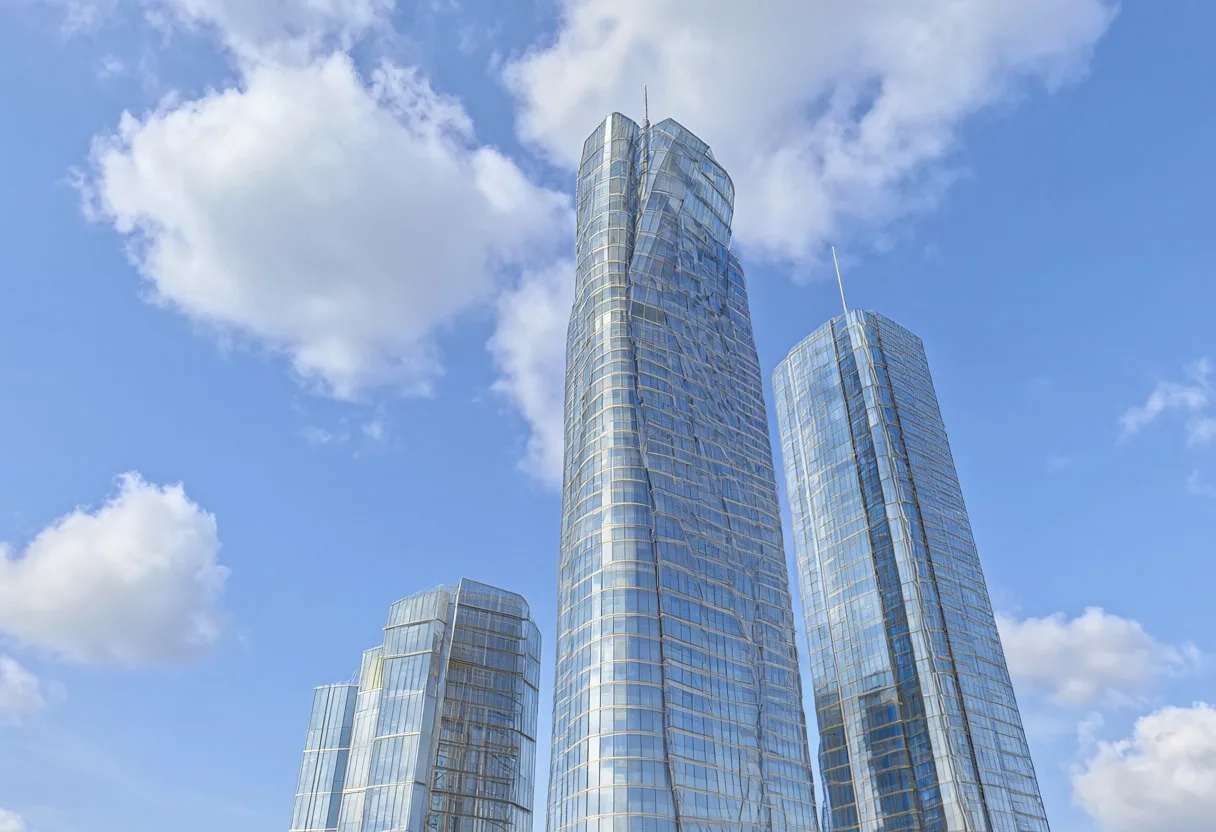 Glass towers with dramatic clouds, wide angle