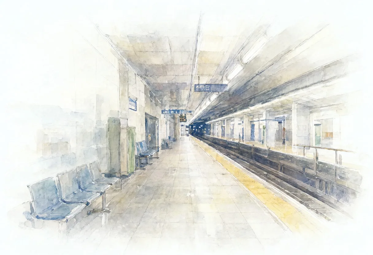 Subway platform in soft mist, wide angle