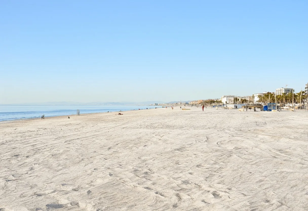 City beach at blue hour, wide angle