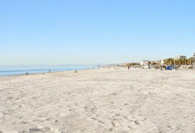 City beach at blue hour, wide angle