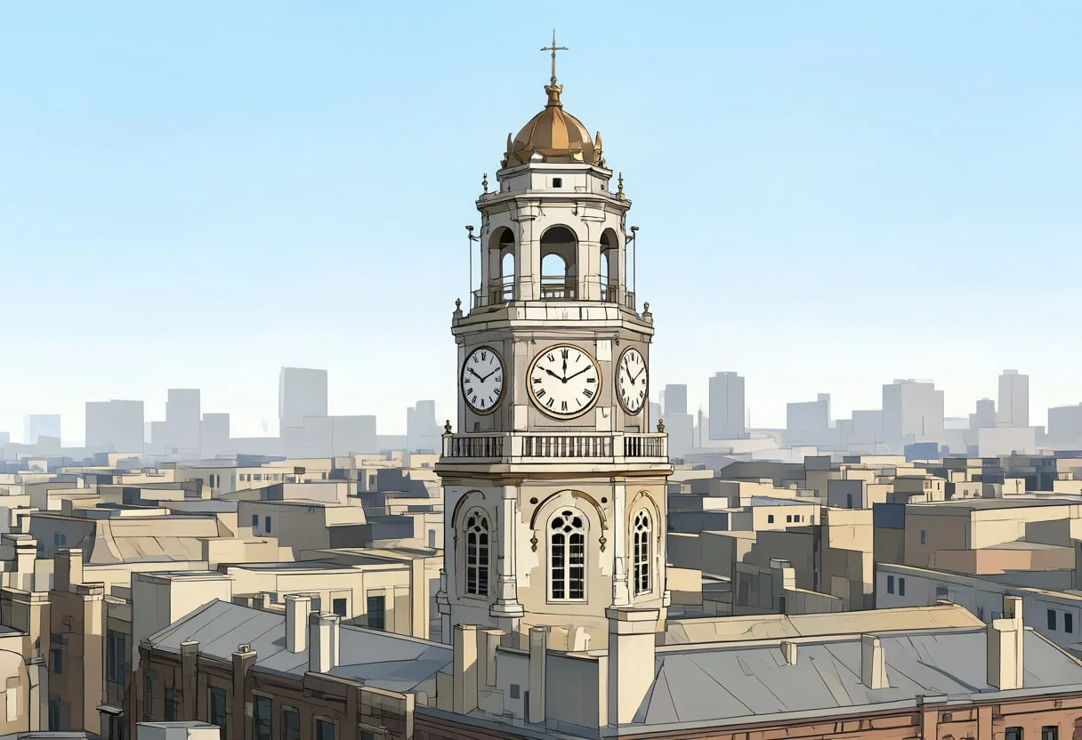 Old clock tower from a high vantage point, wide angle