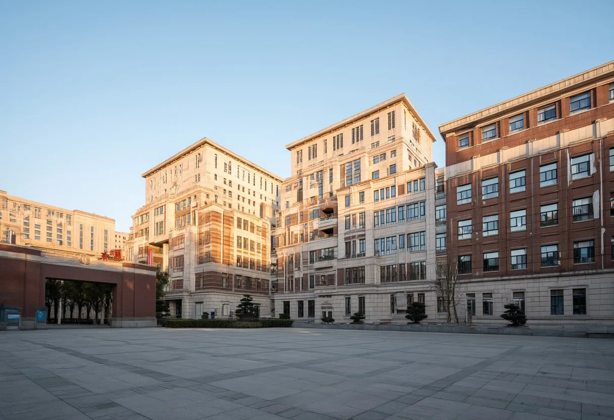 University quad at golden hour, wide angle