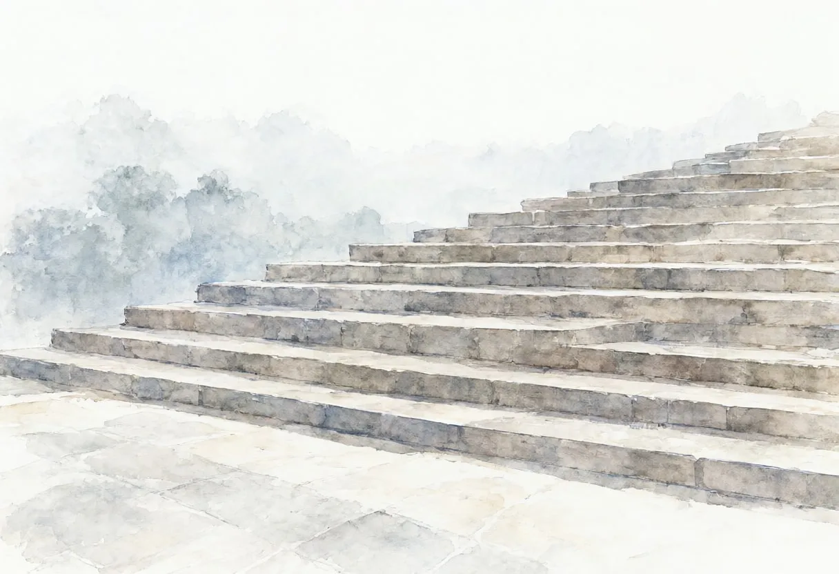 Museum steps in soft mist, wide angle