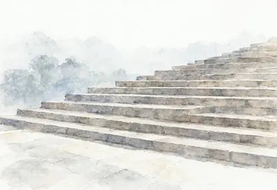 Museum steps in soft mist, wide angle