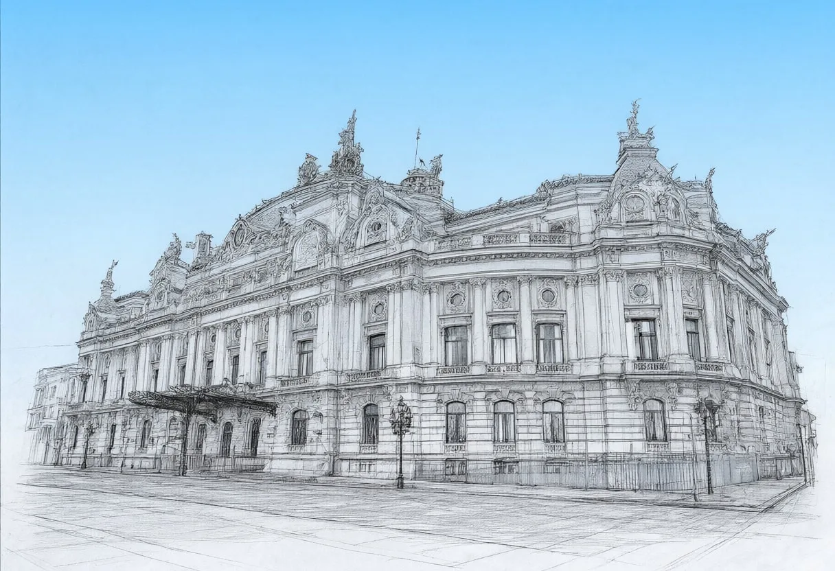 Opera house facade at blue hour, wide angle