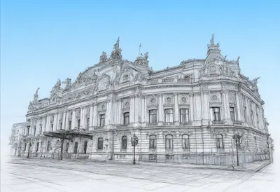 Opera house facade at blue hour, wide angle