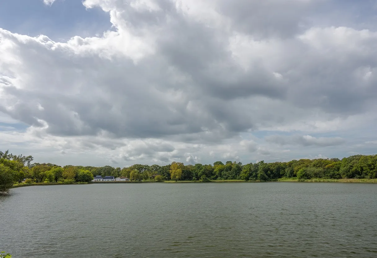 Park lake with dramatic clouds, wide angle