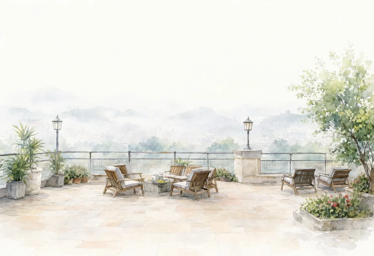 Viewpoint terrace in soft mist, wide angle
