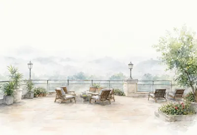Viewpoint terrace in soft mist, wide angle