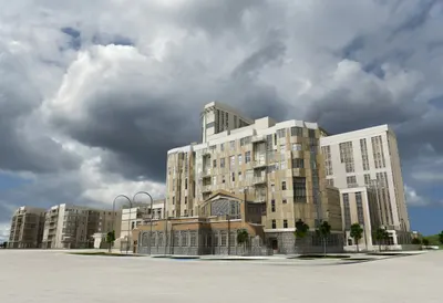 City library with dramatic clouds, wide angle