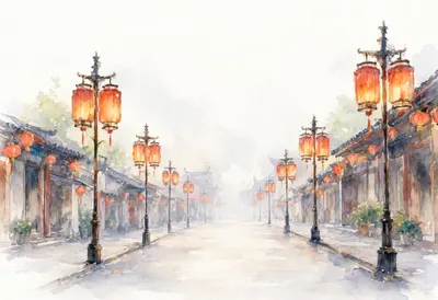 Lantern street in soft mist, wide angle