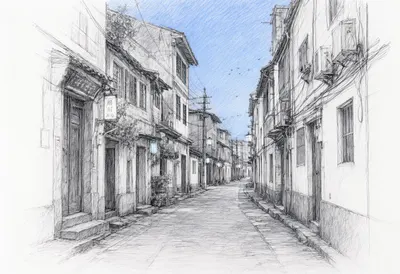 Narrow alley at blue hour, wide angle