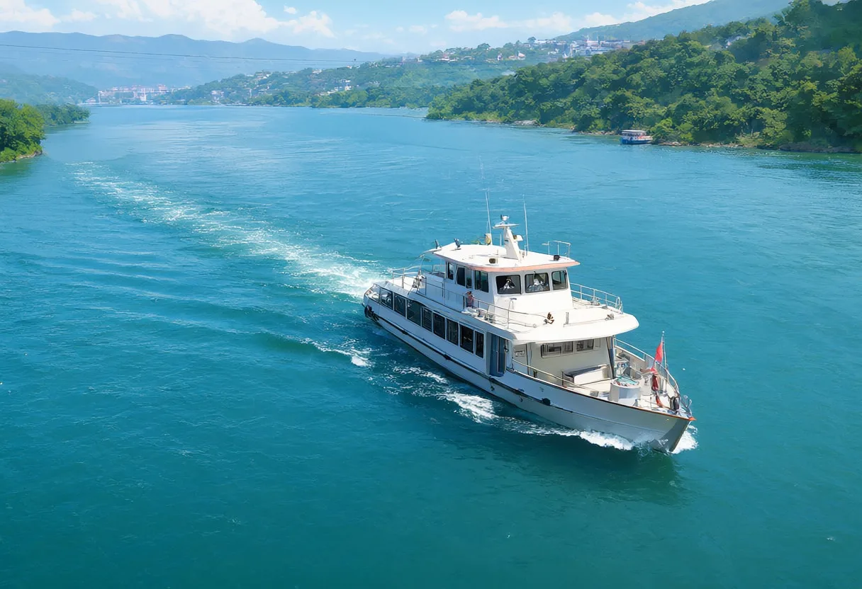 River ferry from a high vantage point, wide angle