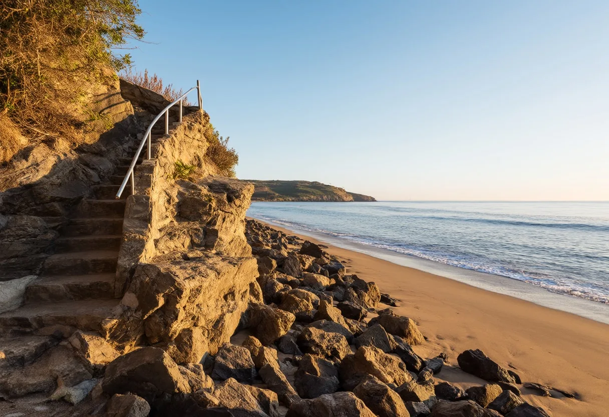 Cliff stairs at golden hour, wide angle