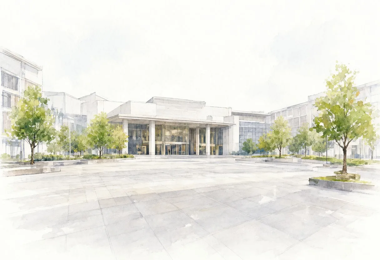 Modern plaza in soft mist, wide angle