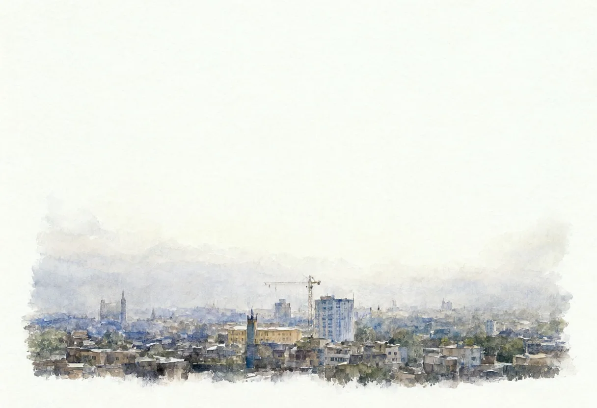 Distant skyline in soft mist, low angle