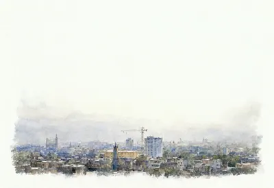 Distant skyline in soft mist, low angle