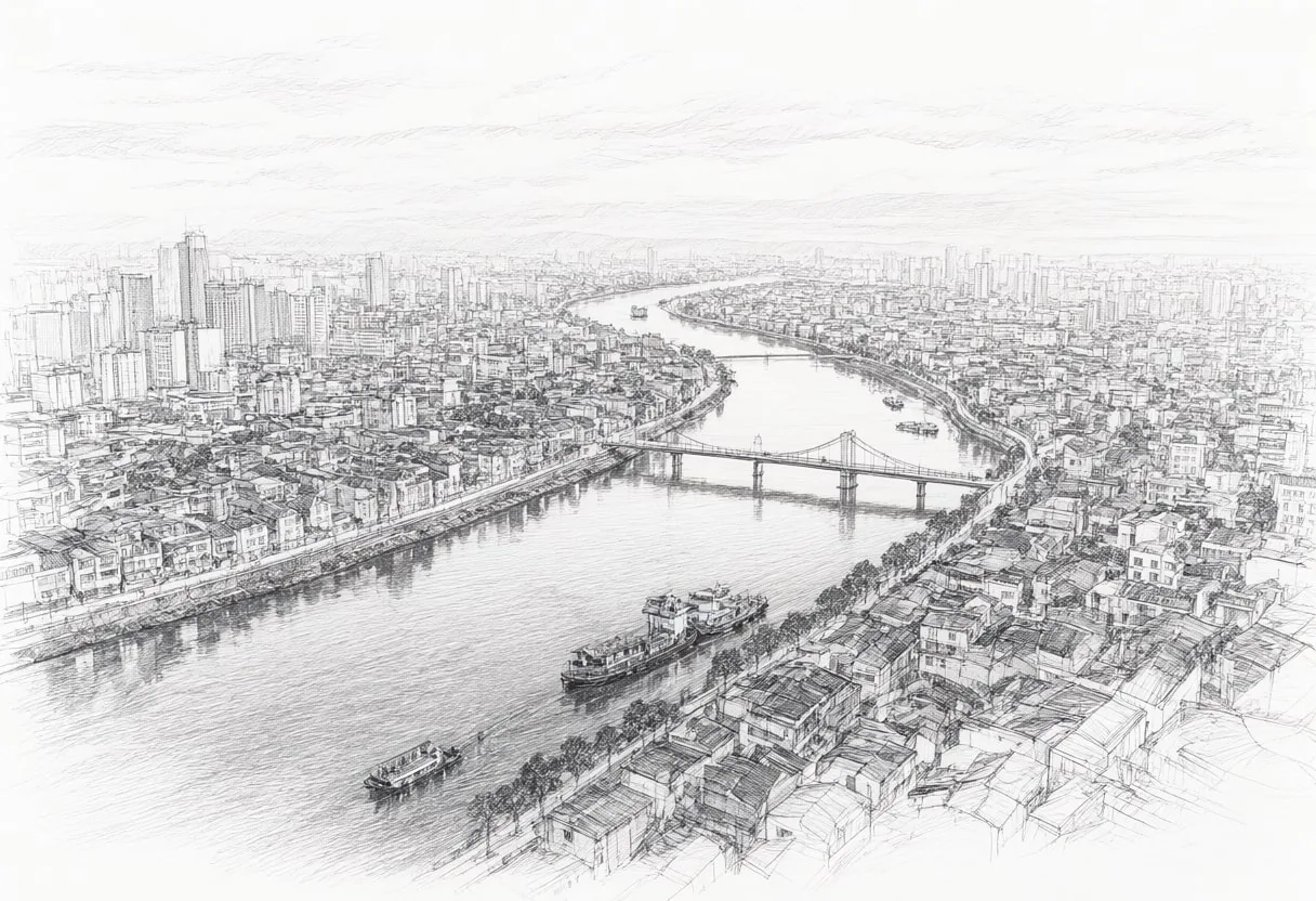 Aerial river city at blue hour, low angle