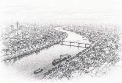 Aerial river city at blue hour, low angle