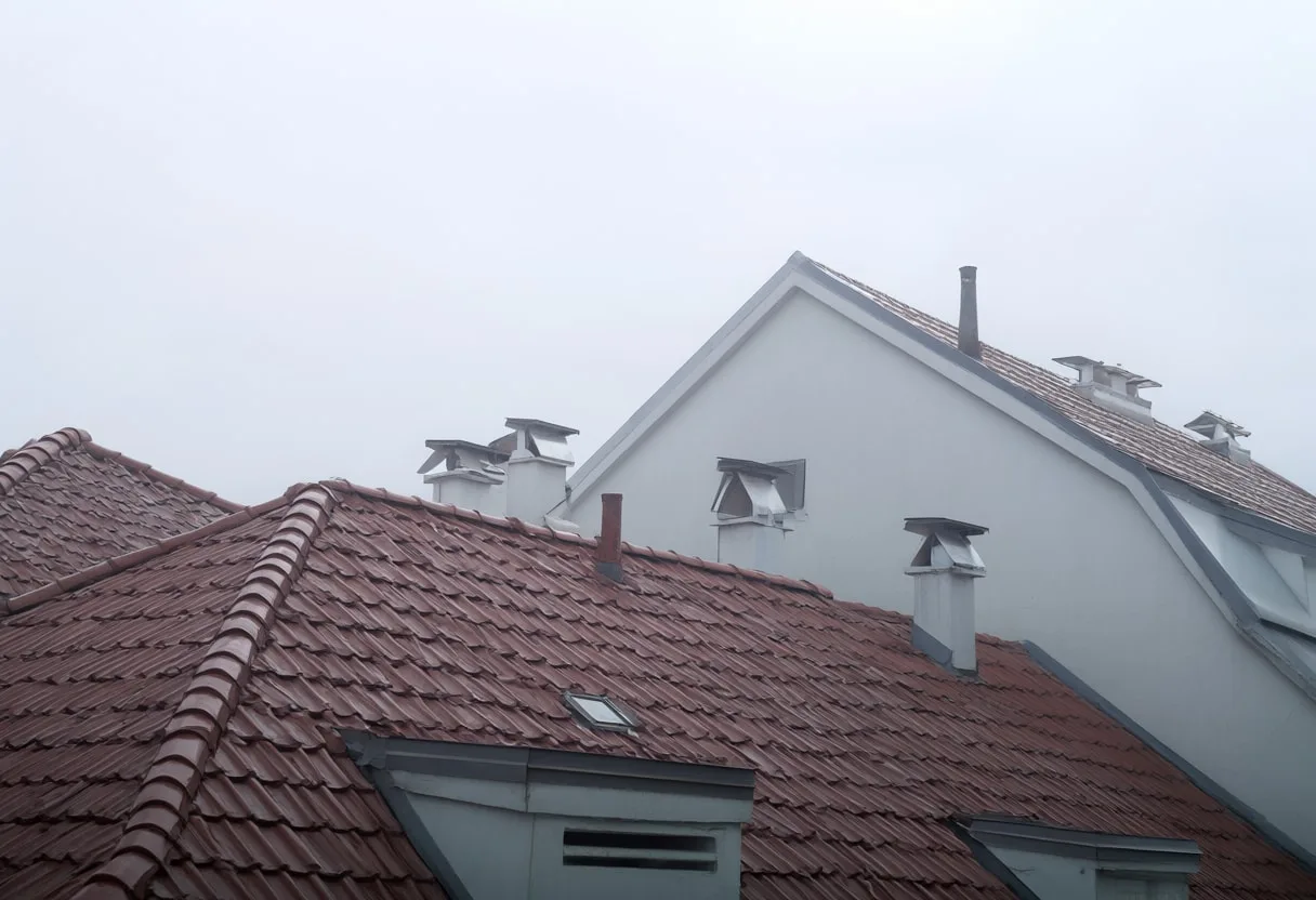 Rooftops in mist after rain, low angle