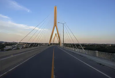 Bridge at dusk from a high vantage point, low angle