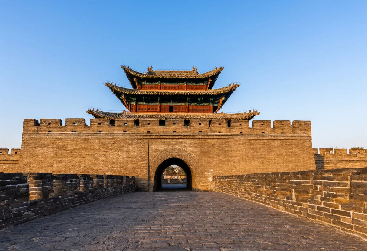 Old town gate at golden hour, low angle