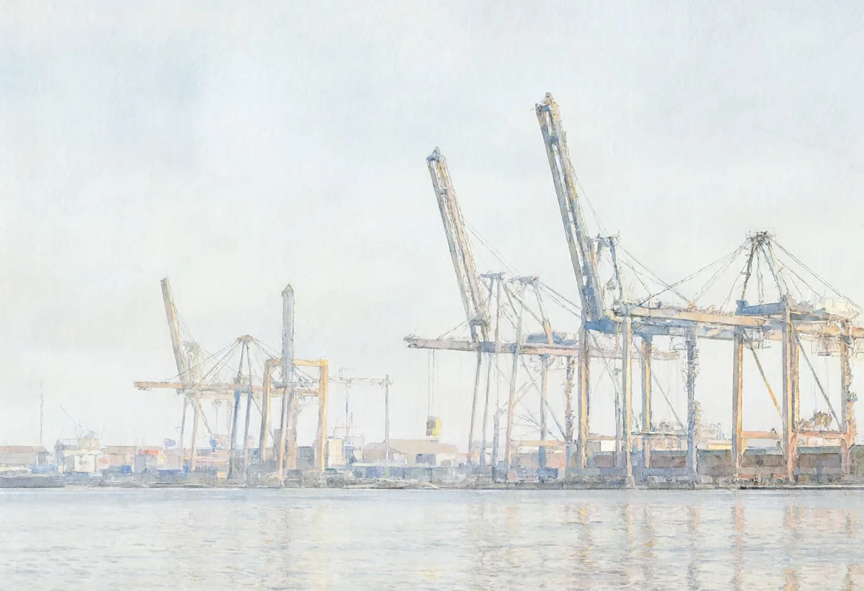 Harbour cranes in soft mist, low angle