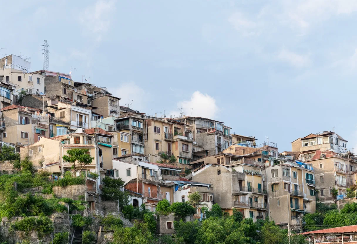 Hillside town after rain, low angle