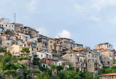 Hillside town after rain, low angle