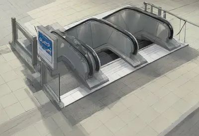 Metro entrance from a high vantage point, low angle