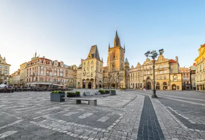 Market square at golden hour, low angle