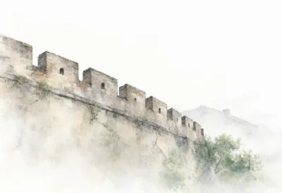 City walls in soft mist, low angle