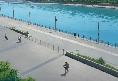 Riverside promenade from a high vantage point, low angle
