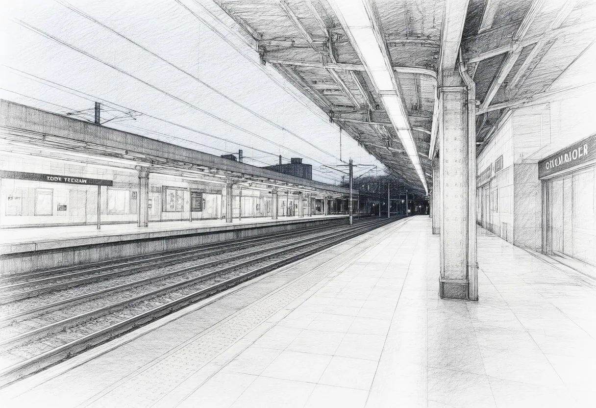 Subway platform at blue hour, low angle